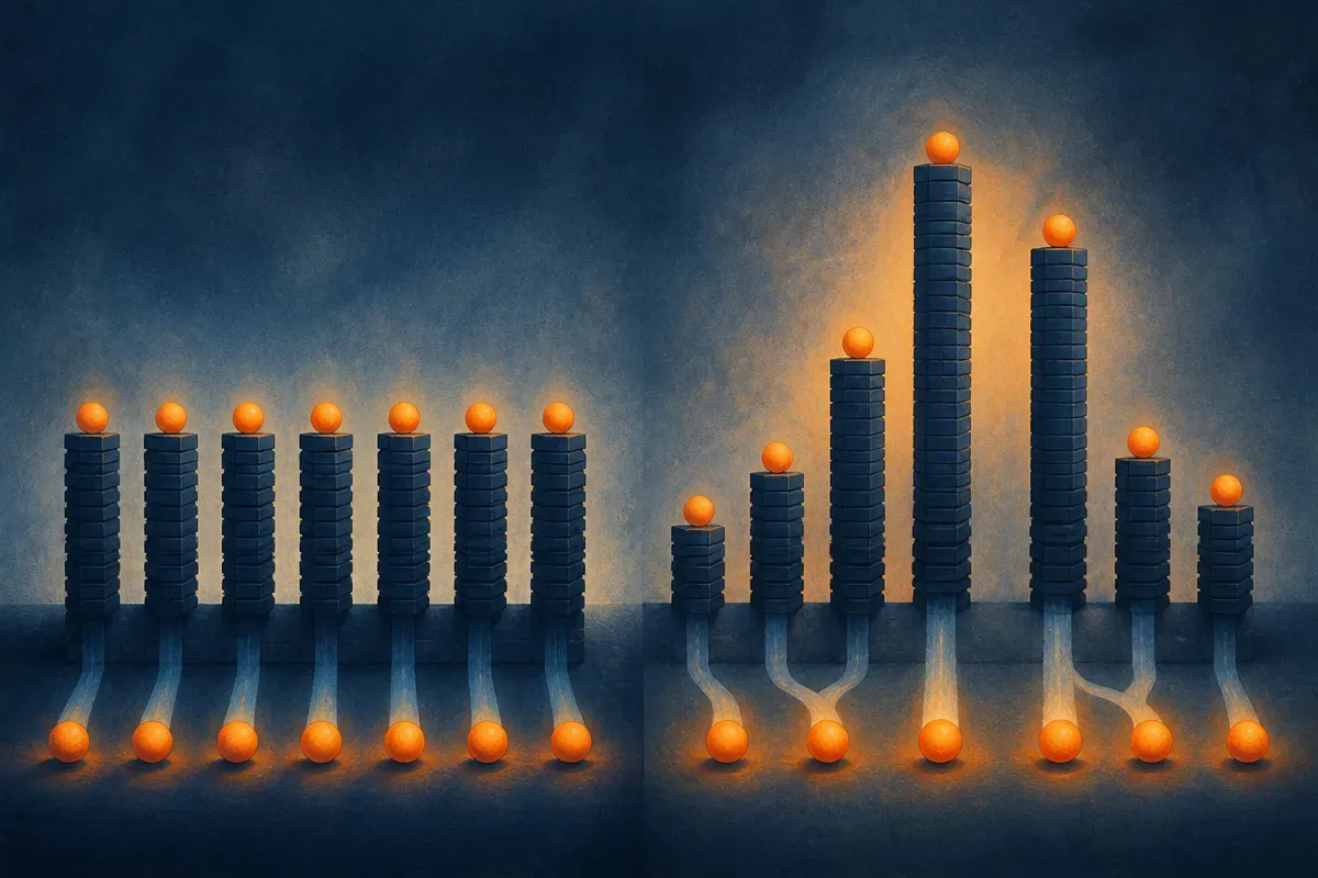 a row of identical tokens each passed through the same tall stack, beside a second row where a few tokens climb much hig