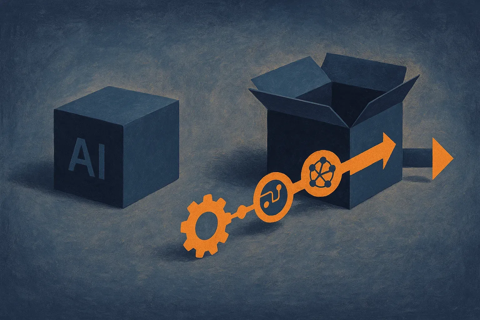 a single labeled box being unpacked into a chain of distinct components feeding into an output, contrasted against the c