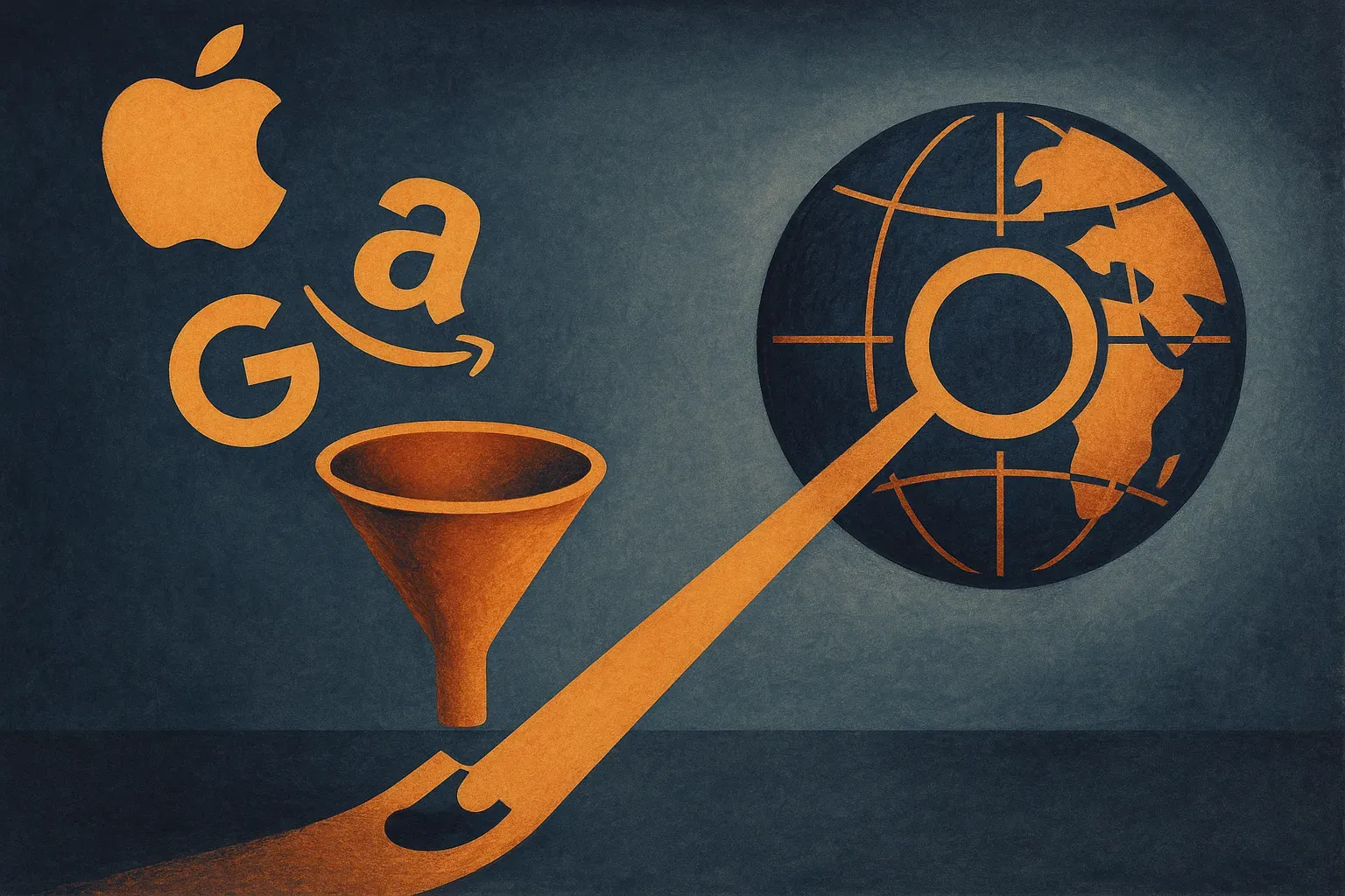 three brand-shaped objects entering a narrow funnel before a web-search globe, with only two continuing through