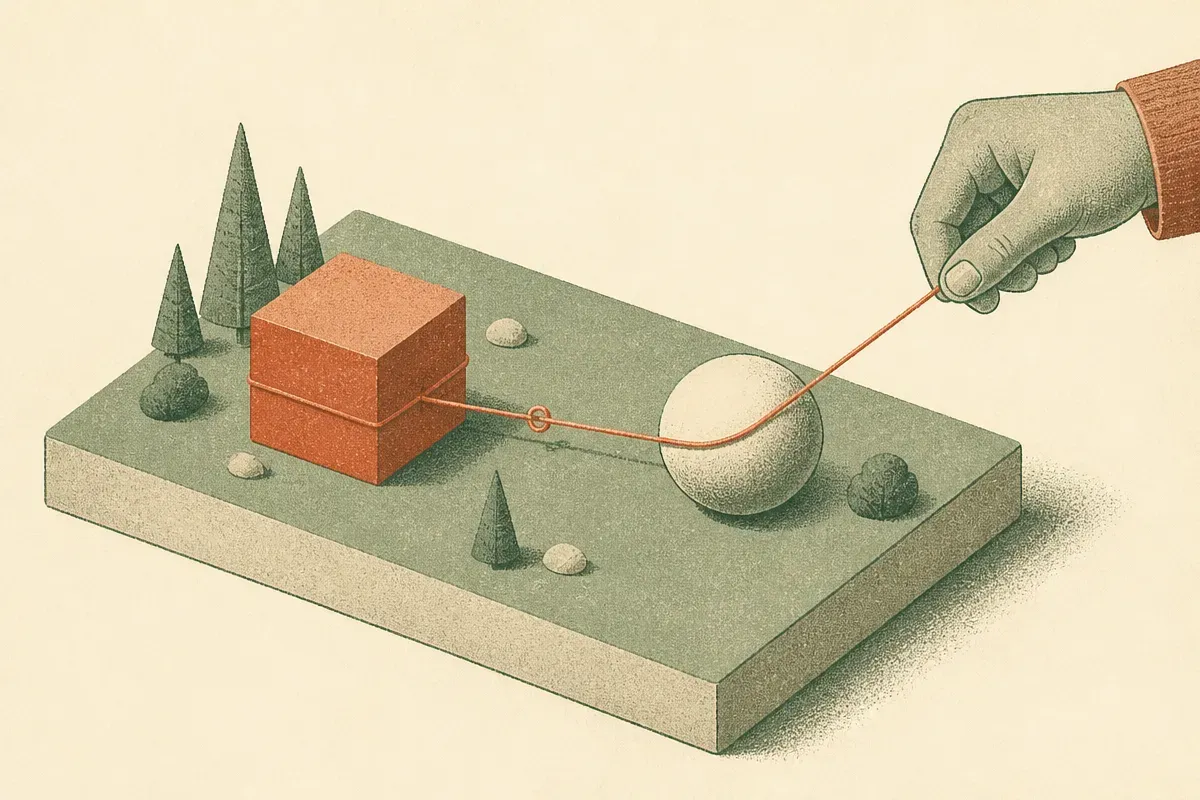 two distinct shapes bound together by a thread, with a hand pulling only one shape and the second shape dragged into vie
