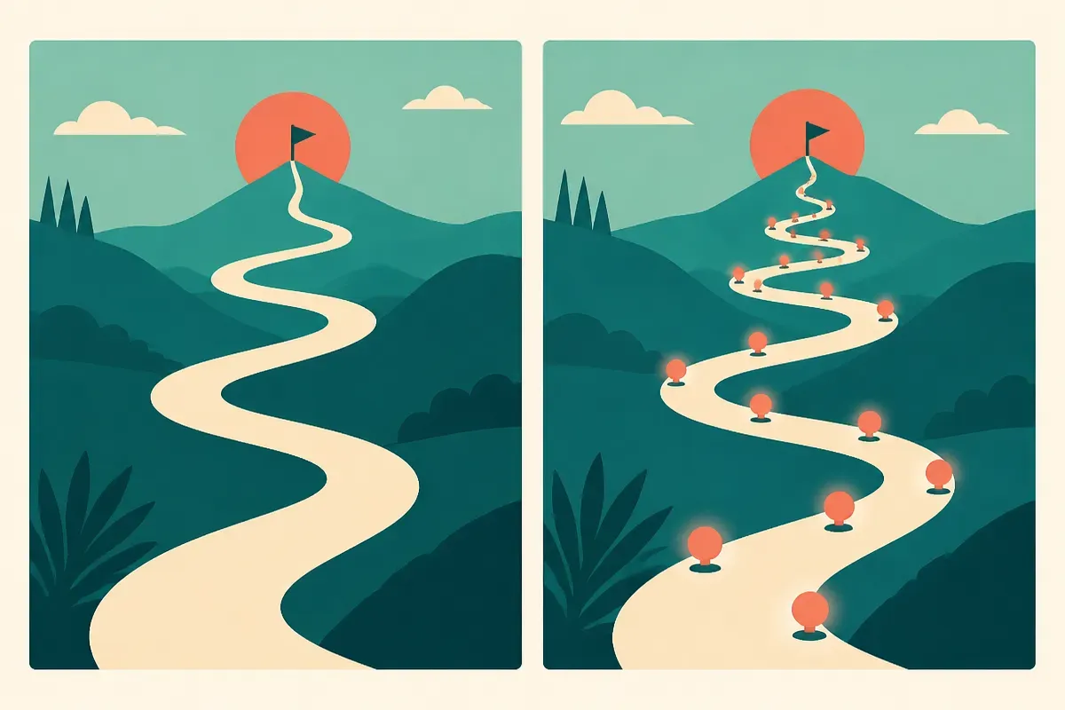 a long winding path with a single reward at the far end versus the same path lit up with many small markers along the wa