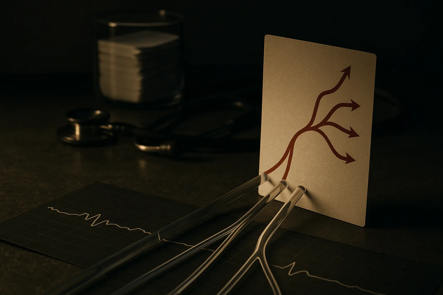 patient data streams converging into a changing patient-state path with several possible future branches