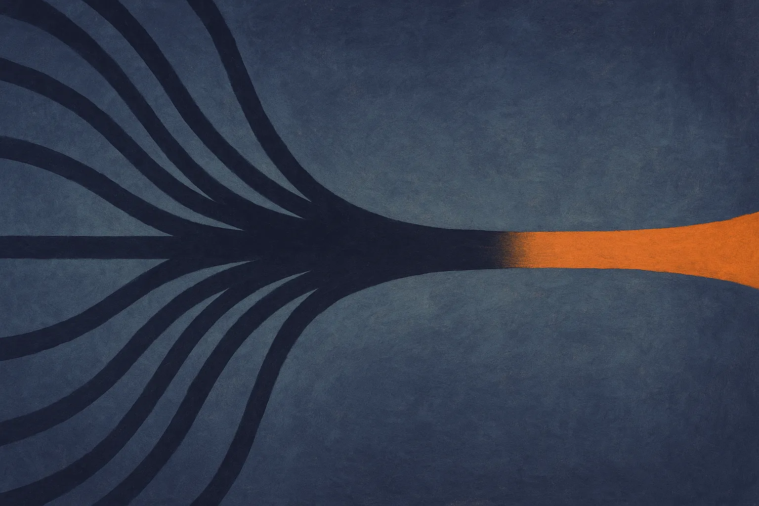 a wide fan of divergent paths on one side narrowing into a single tight bundle on the other