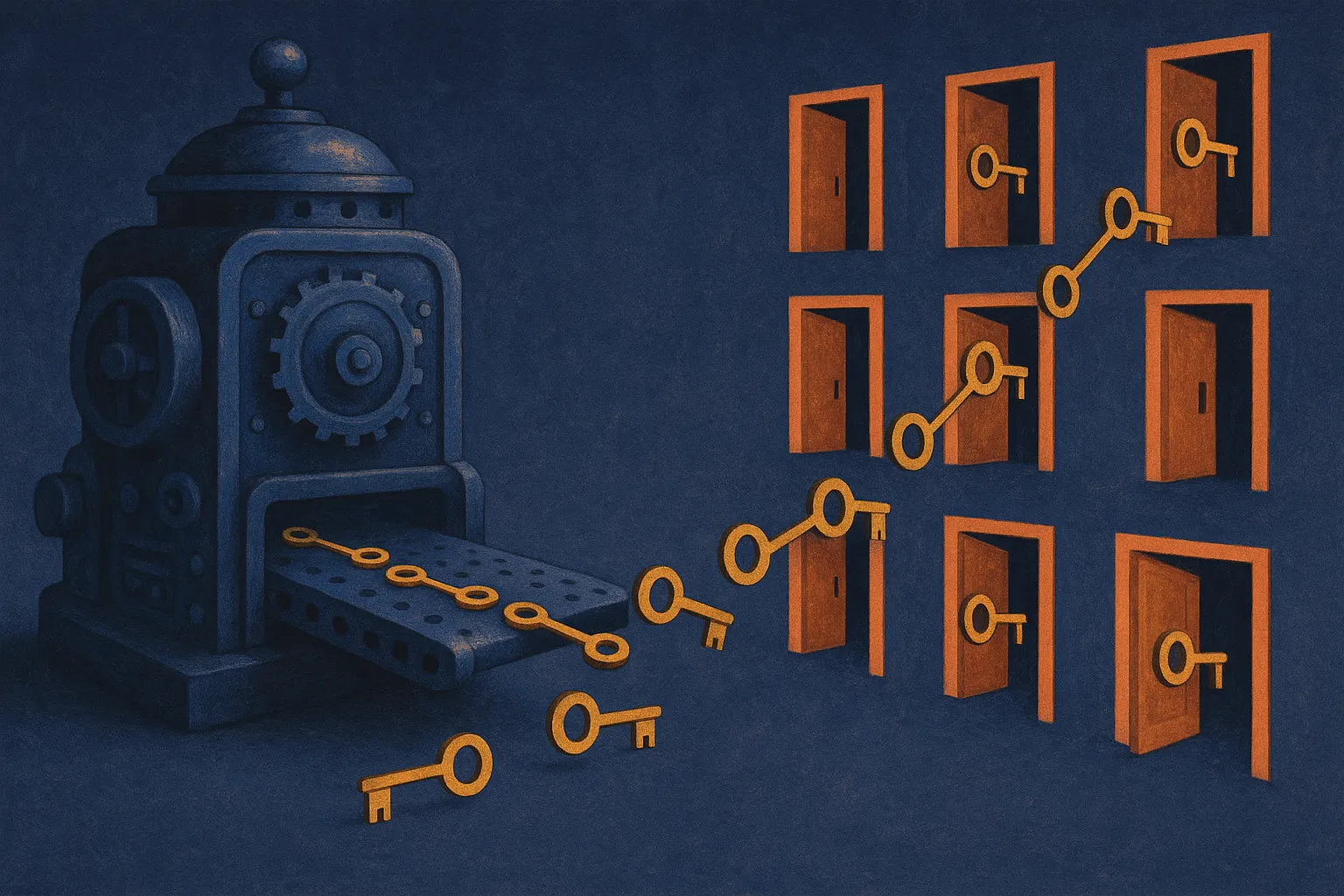 a large ornate machine producing many small identical keys, each key then opening its own door repeatedly without the ma