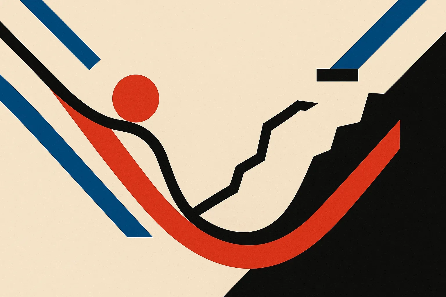 a ball rolling down a curved valley, with a smooth fast path and a jagged slow path converging on the same low point