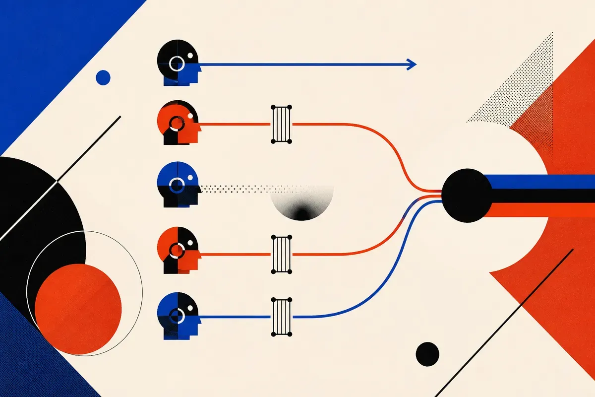 a row of attention heads, some sending signals forward, one fading into a quiet sink, and others passing through small f