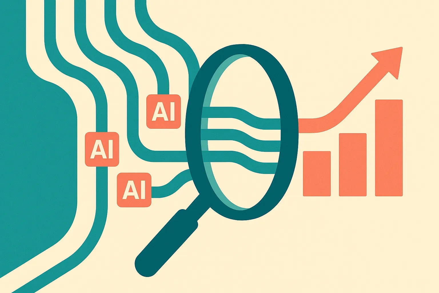 multiple AI answer streams flowing through a visibility filter into a business outcome