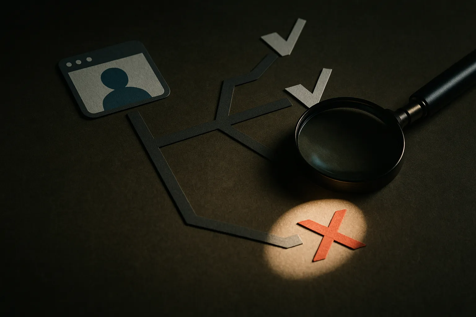a desktop agent trail with branching paths, where one path appears complete on the surface while a separate evaluator sp