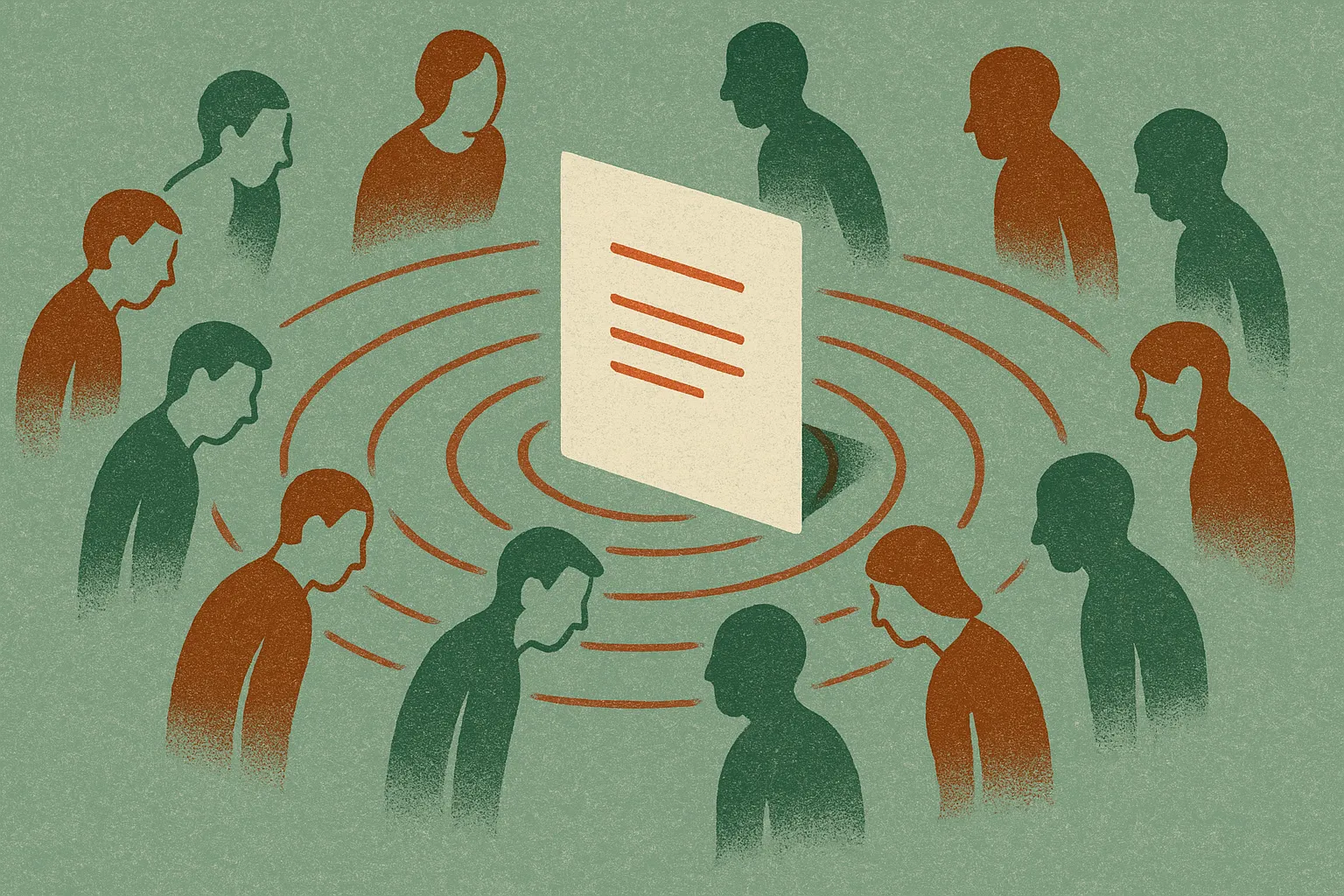 a single document page emitting ripples that spread outward into a crowd of listeners, some leaning in, some turning awa