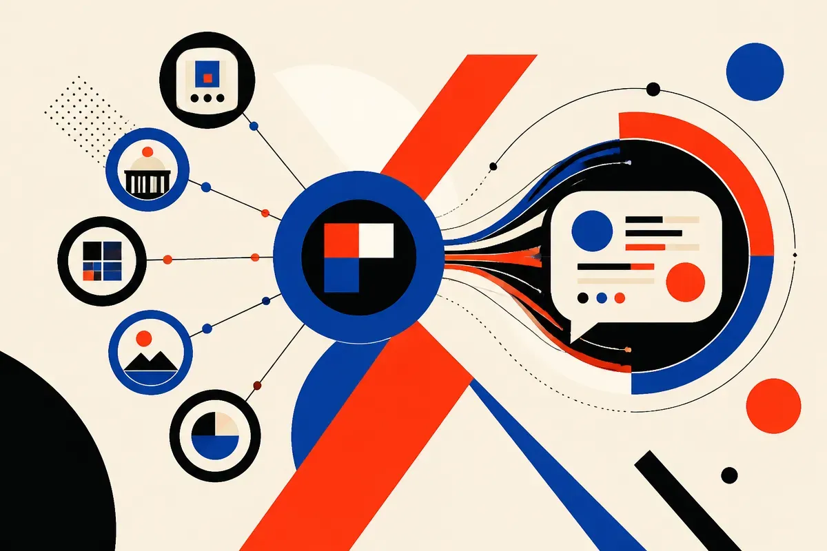 central brand node connected to many credible web sources, with those connections flowing into an abstract assistant res