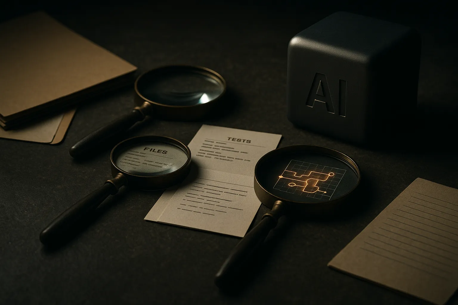 an AI agent observing a codebase through multiple lenses, with files, tests, runtime traces, and prior edits converging 