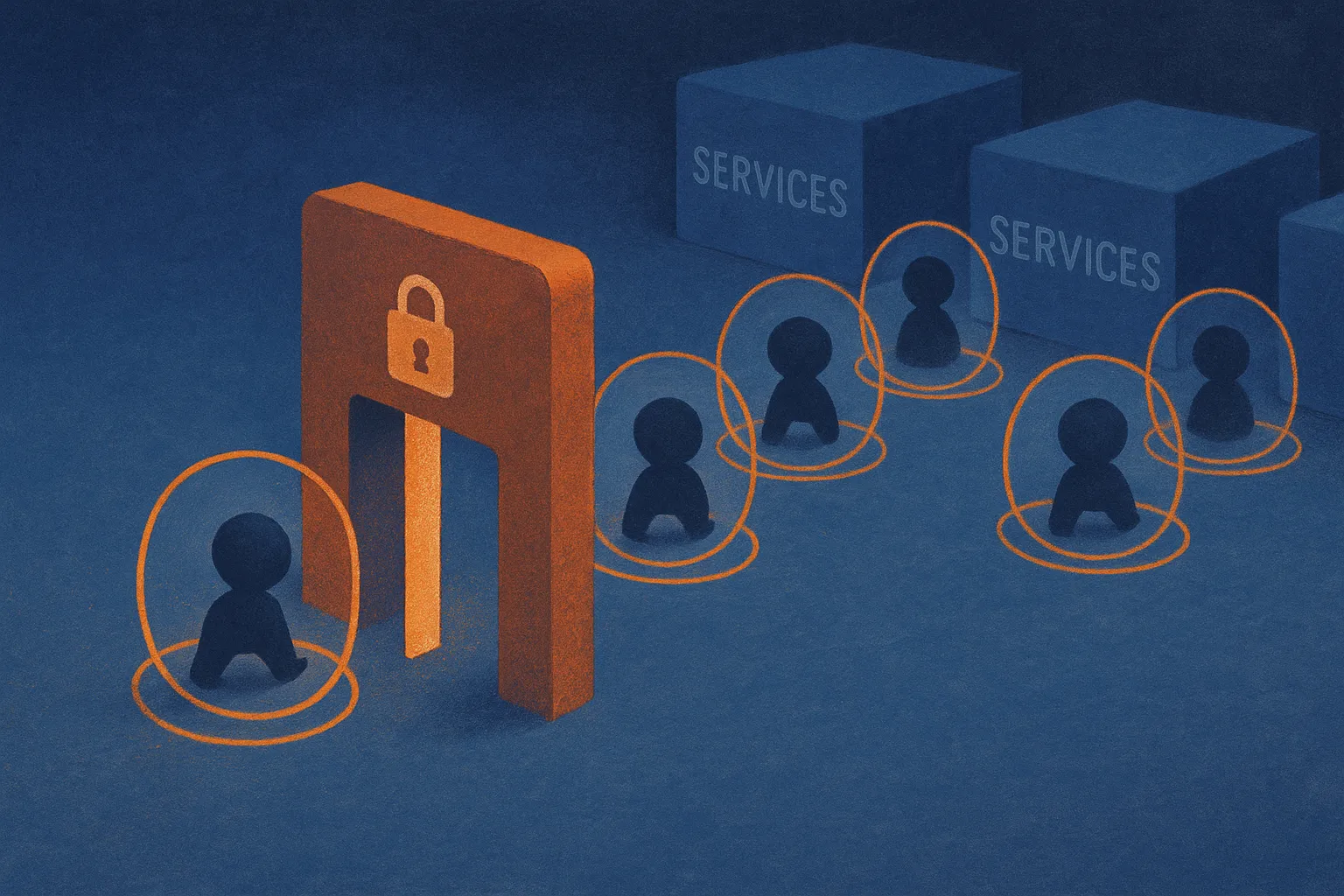 small autonomous software agents passing through a narrow payment gateway into separate services, with a visible permiss
