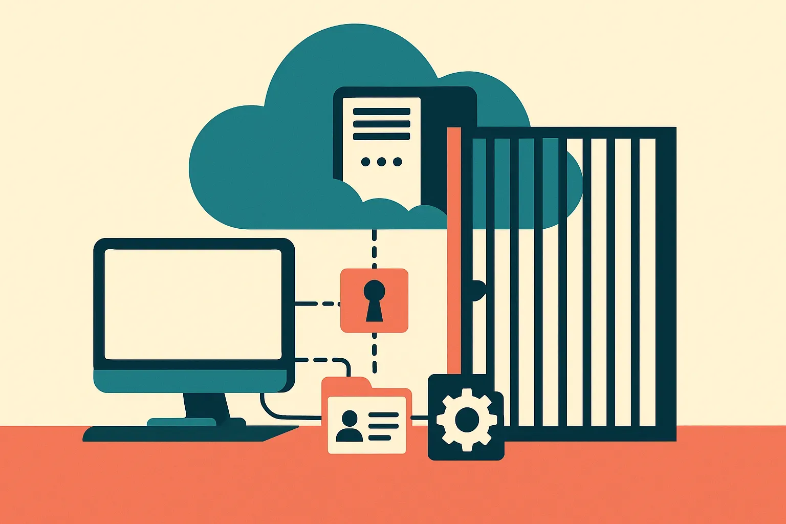 a modest desk computer connected to private documents and small tools, with a large distant cloud machine behind a parti