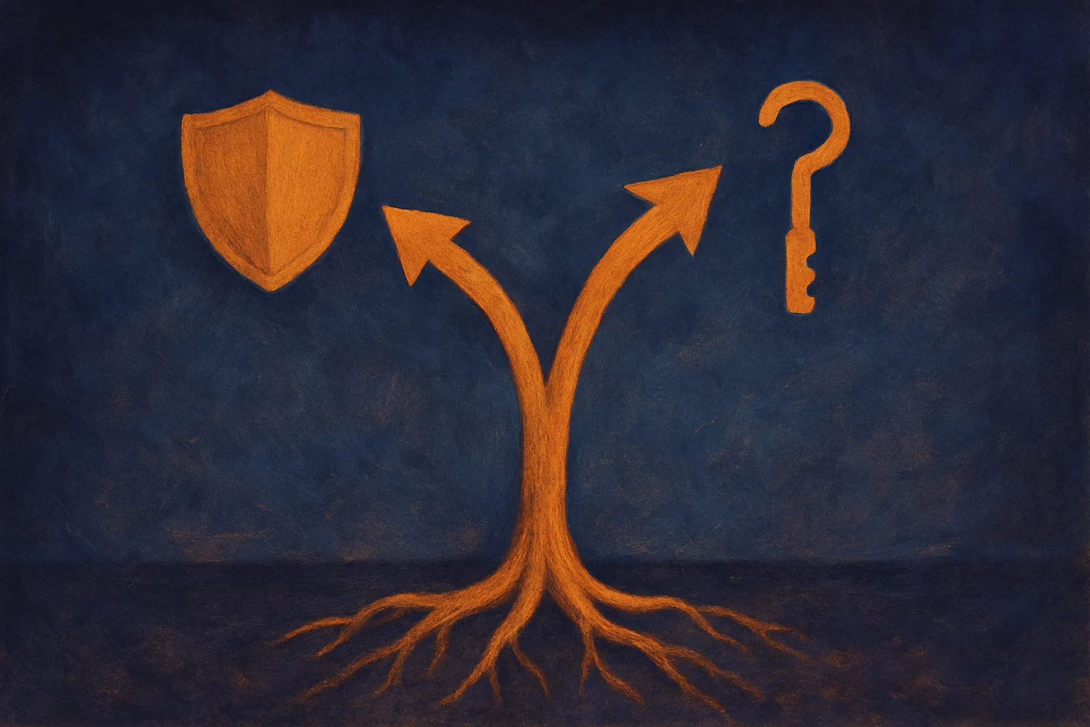 two arrows growing from a single root, one bending toward a shield and one toward a lockpick, showing the same capabilit