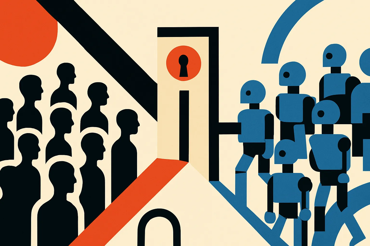a crowd of human silhouettes and machine-like agent figures approaching the same narrow identity checkpoint from opposit