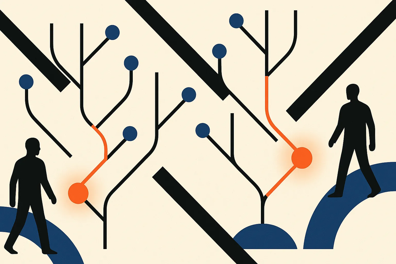 two similar applicant silhouettes branching through a small forest of decision trees, with only a few leaf paths glowing