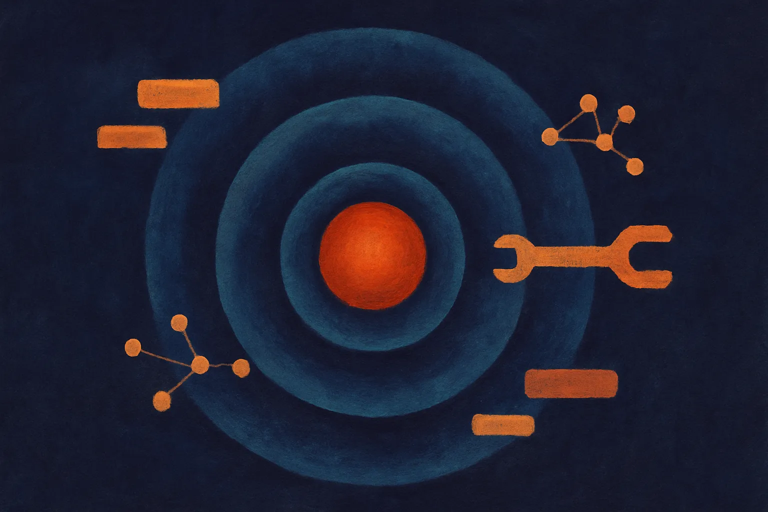an agent core surrounded by layered translucent defensive rings, with memory fragments, tool connectors, and small colla
