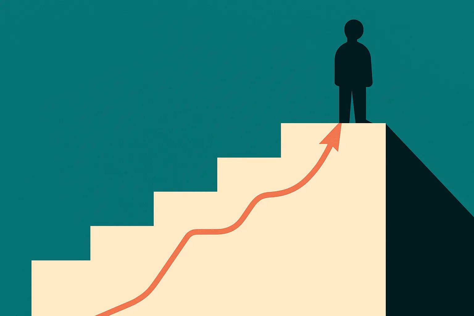 a single climbing line rising through several stepped thresholds, the final step overtaking a human silhouette at the to