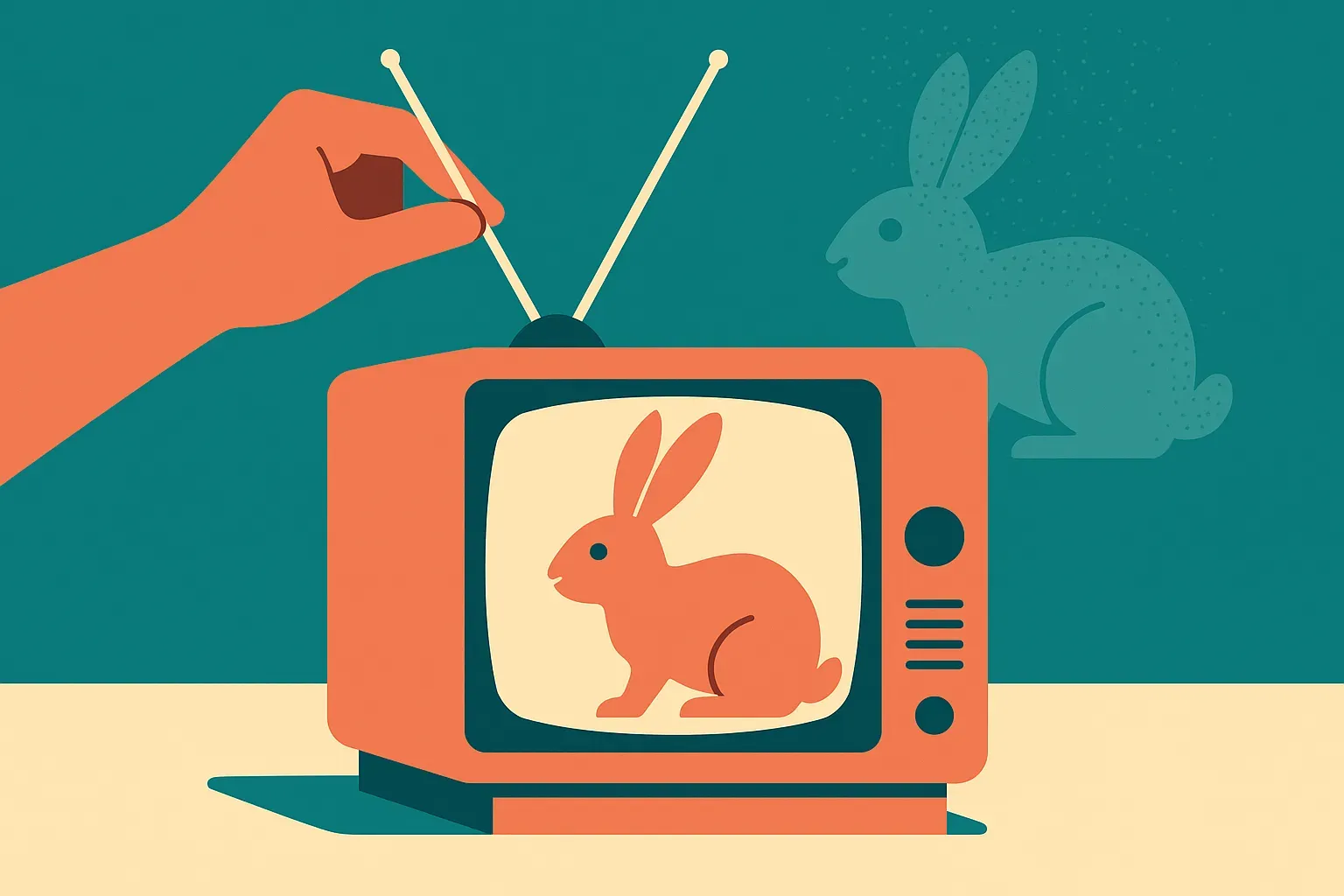 a hand adjusting bent rabbit-ear antennas on an old glowing CRT while a noisy creature image gradually becomes clearer i
