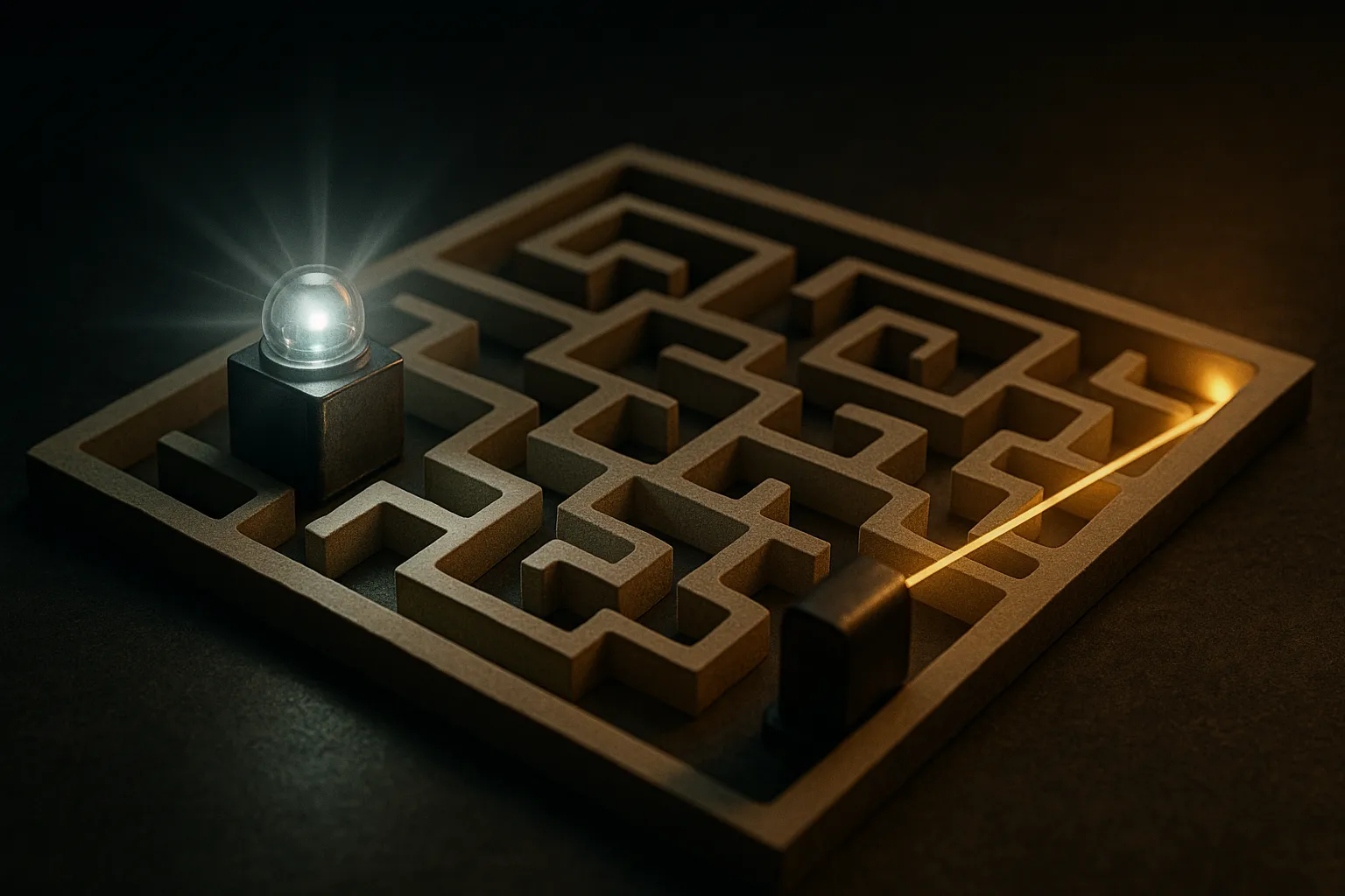 two maze-solving machines facing the same tangled maze, one casting light in every direction, the other pulled by a narr