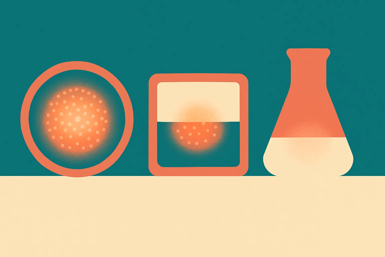 three differently shaped containers holding the same glowing object, one showing it whole, one showing it partial, one s