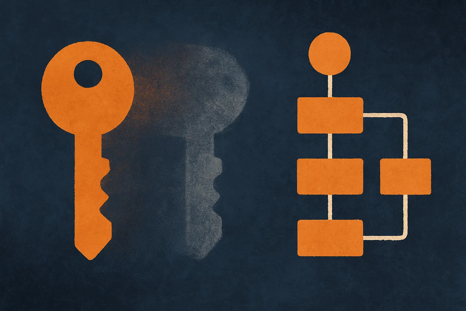 an expiring key fading from solid to transparent beside a steady automated workflow made of connected blocks