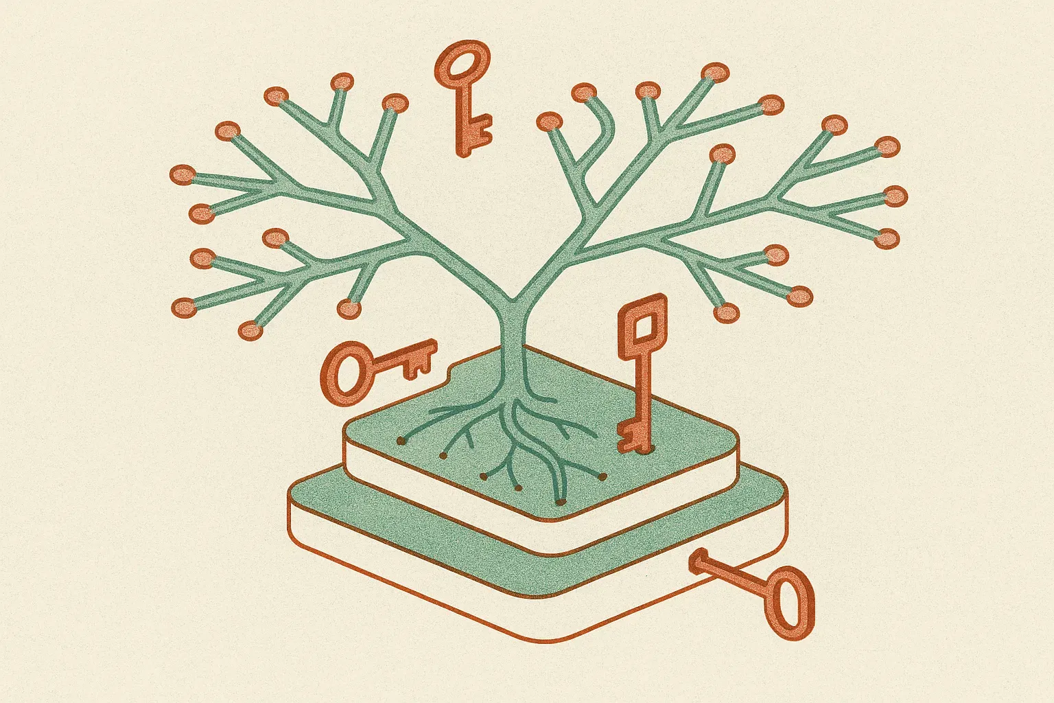 branching tree of token paths with three differently shaped keys opening progressively deeper layers