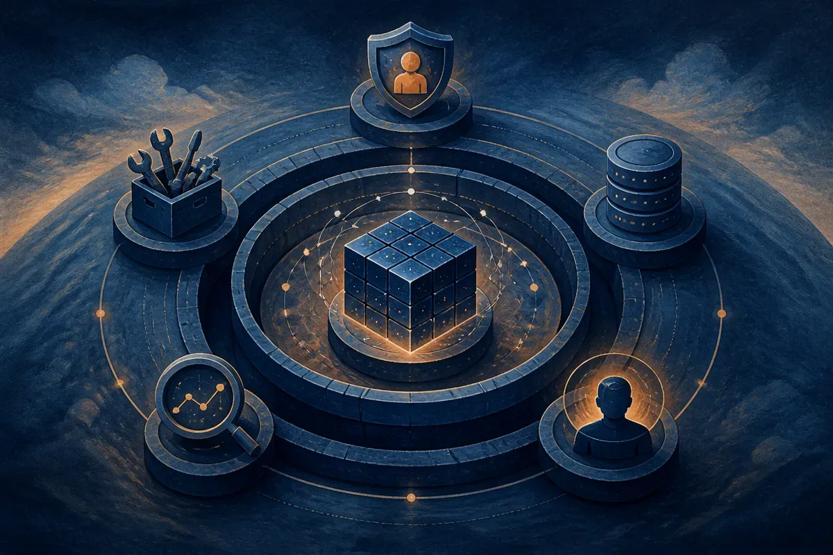 general model in the center surrounded by layers for permissions, tools, memory, evaluation, and human approval