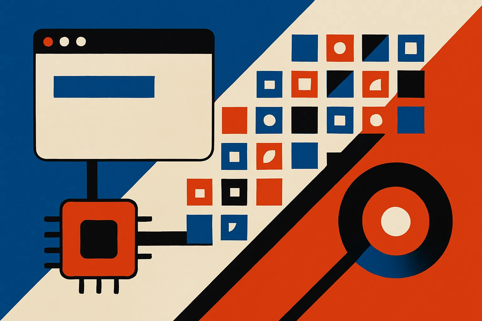 browser window connected to a local device chip, with many small operation tiles flowing into one model output