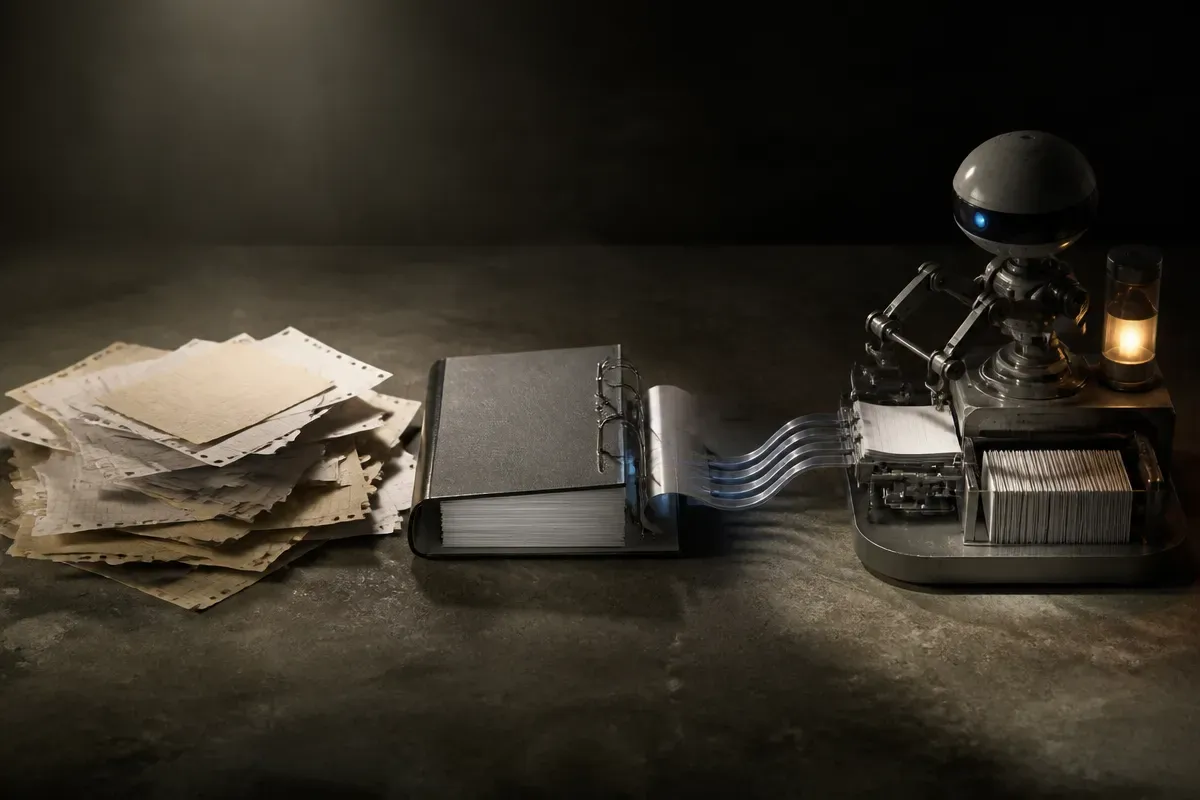 a cluttered pile of loose notes beside a clean binder feeding into a small robot workspace