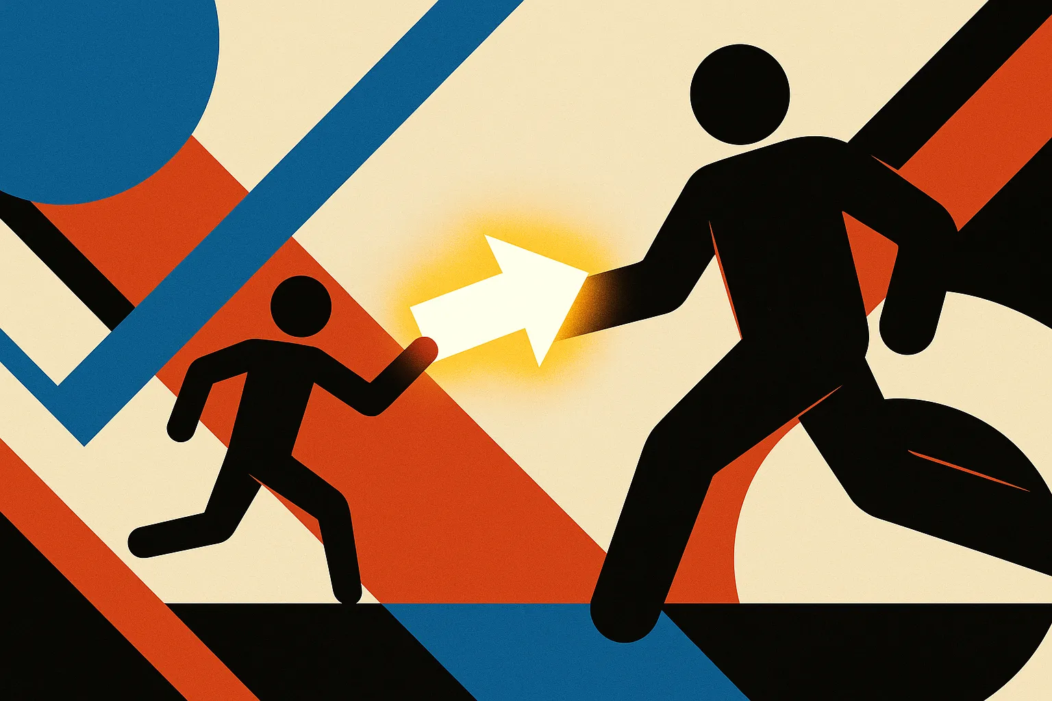 two runners of different sizes, one small one large, with a glowing arrow showing the direction the small one shifted be