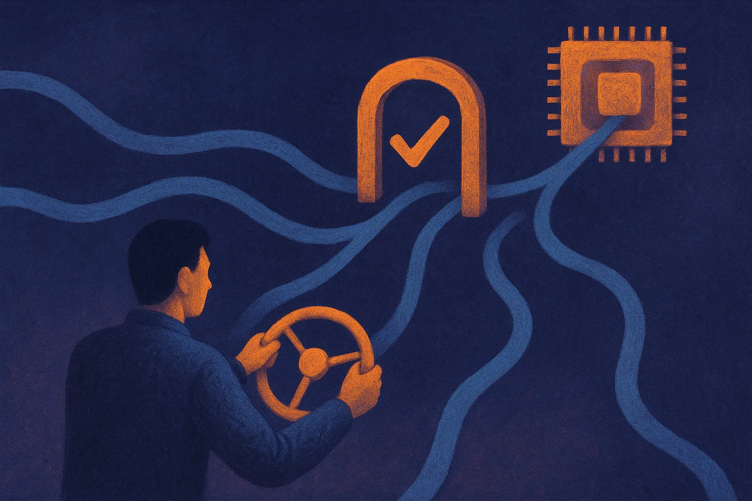 human operator steering several agent paths that all pass through a narrow verification gate before reaching a physical