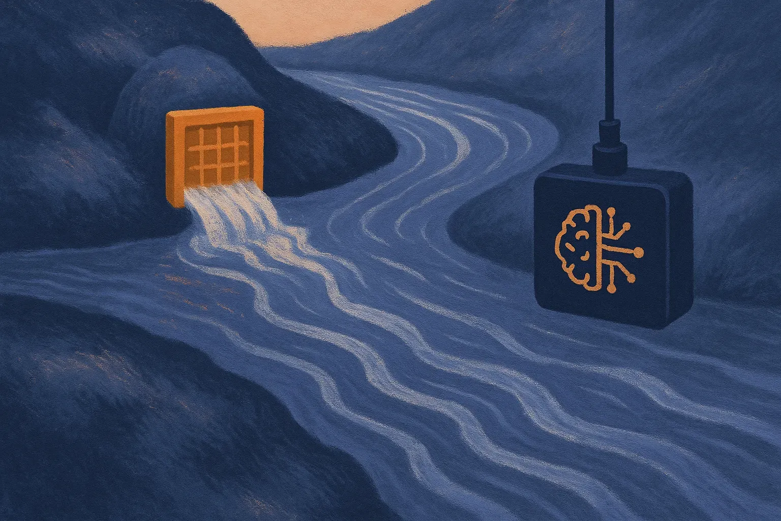 a clean filter at the source of a stream versus a sensor placed downstream in the moving current, two different points o