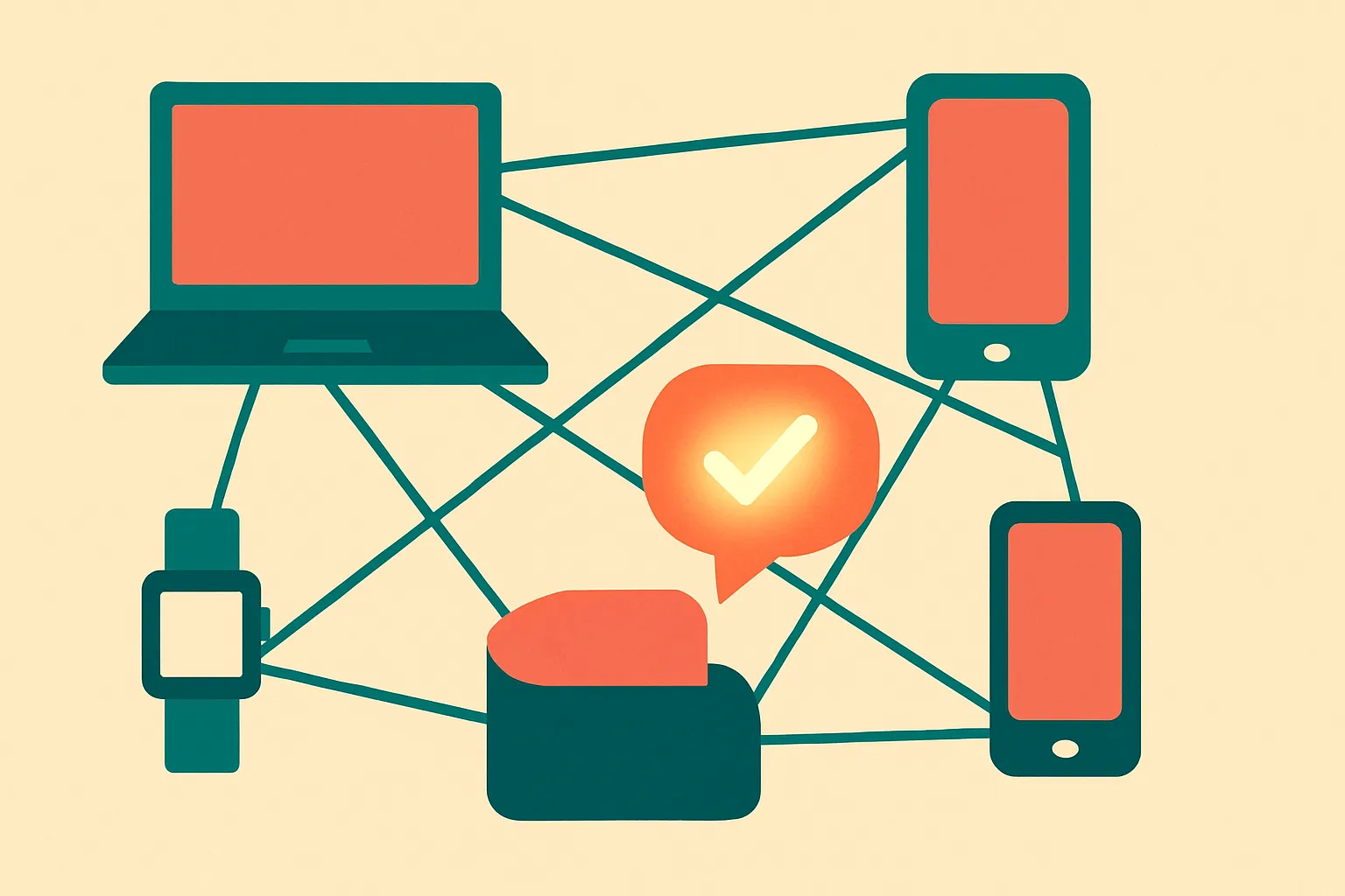 a cluster of mismatched personal devices connected in an irregular web, with a single glowing response emerging from the