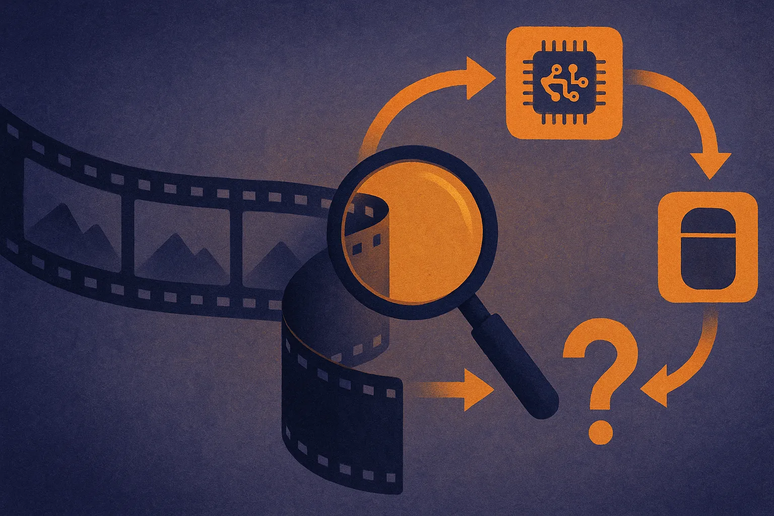a video strip feeding into a loop of inspection, memory, and evidence before one final answer