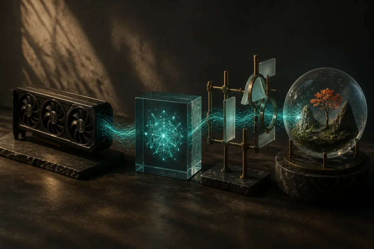 consumer gpu feeding a local model, then a tool scaffold, then a polished animated visual object