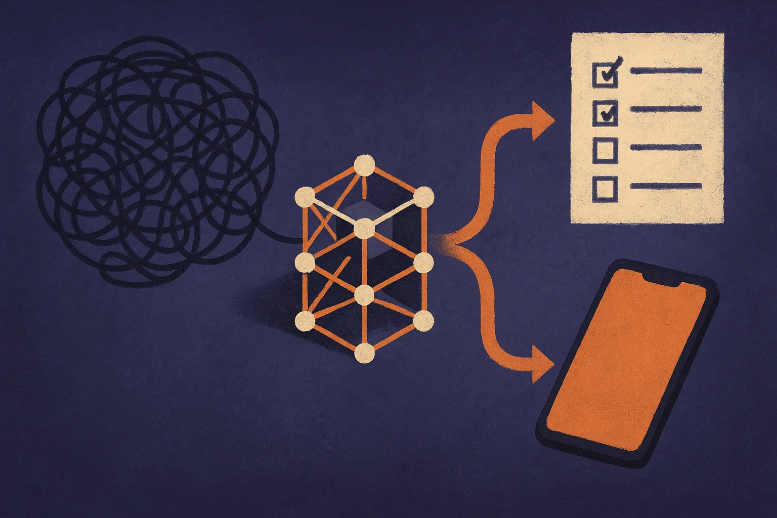 large tangled model being compressed into a smaller cleaner model, then split into two paths, one to a benchmark sheet a