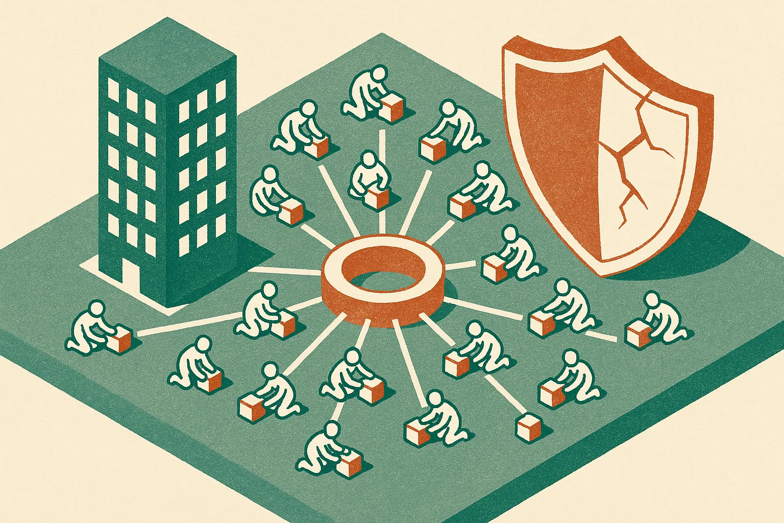 an open hub in the center connected to many small builders, with a large corporate tower on one side and a cracked secur