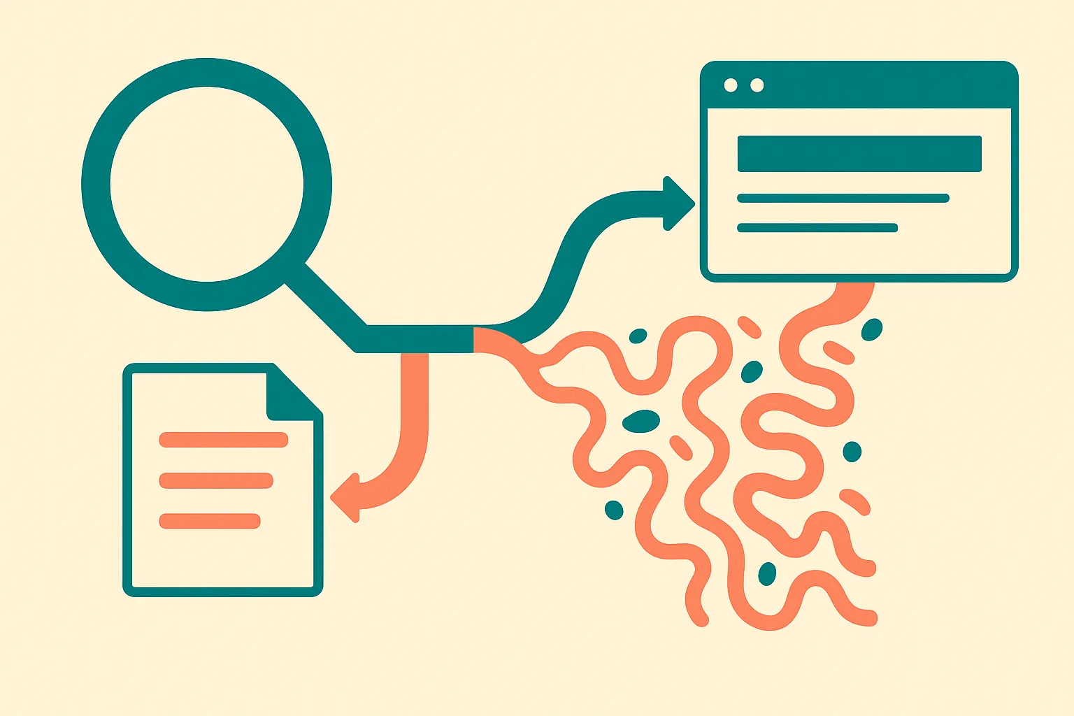 one clear search path splitting into a clean report stream and a messy inferred AI stream before reaching a website