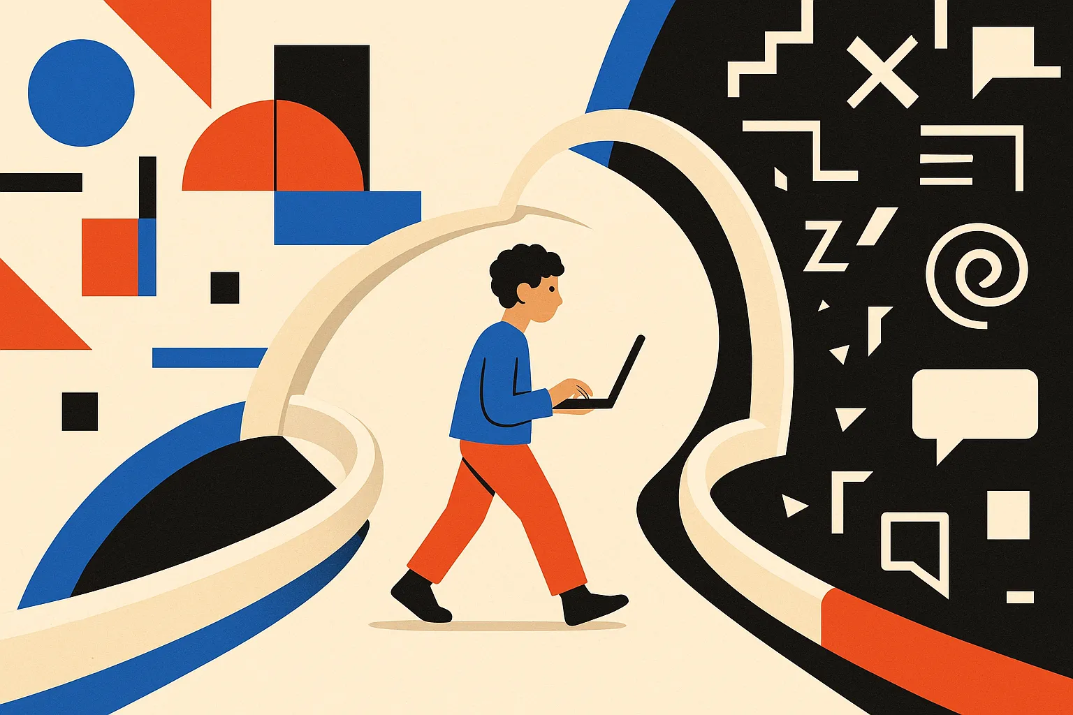 teen user between an open creative workspace and a darker chaotic feed, with soft guardrails shaping the safer path but 