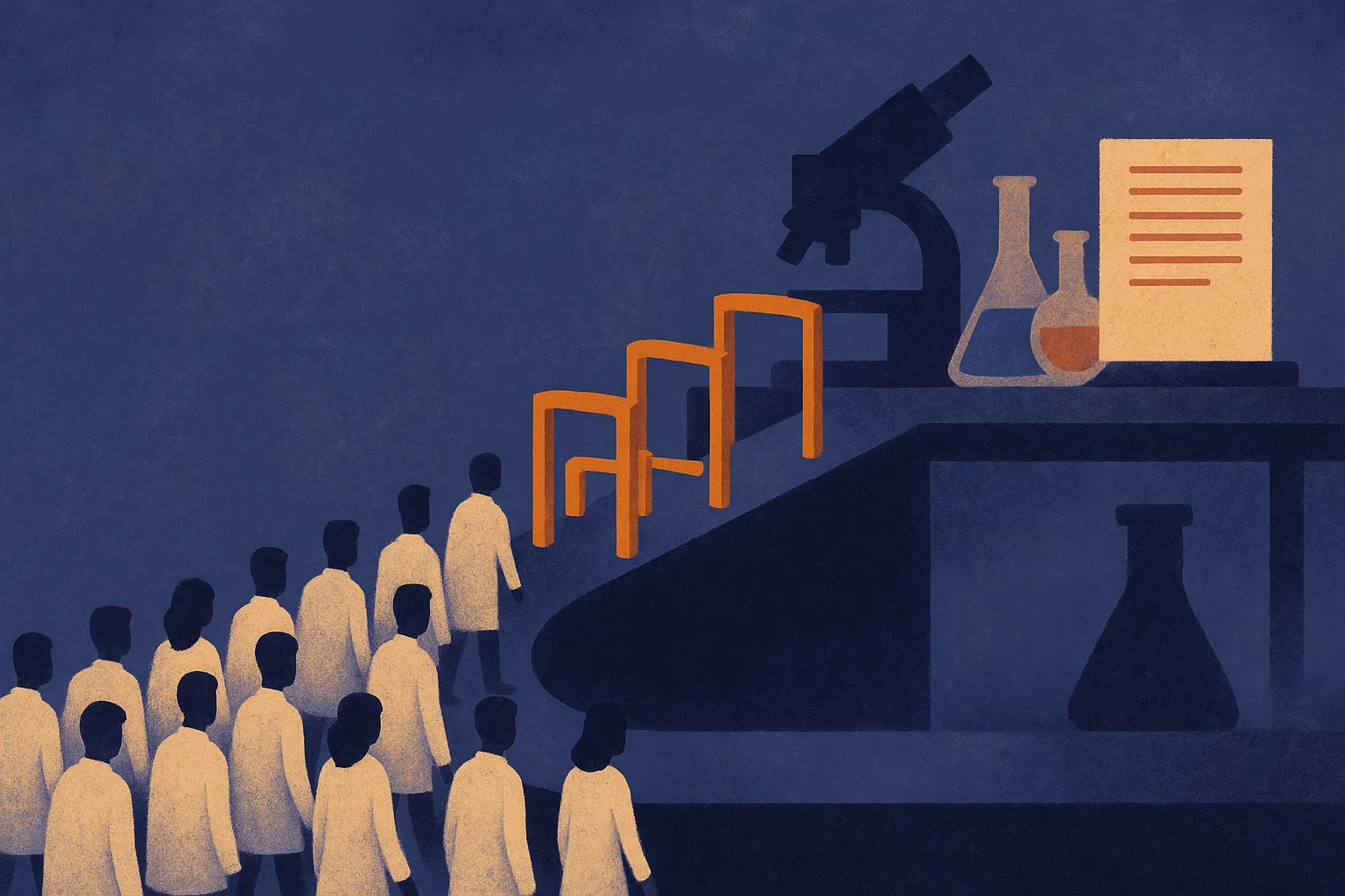 a wide stream of researchers entering a lab bench workflow, passing through several checkpoint gates before reaching a f