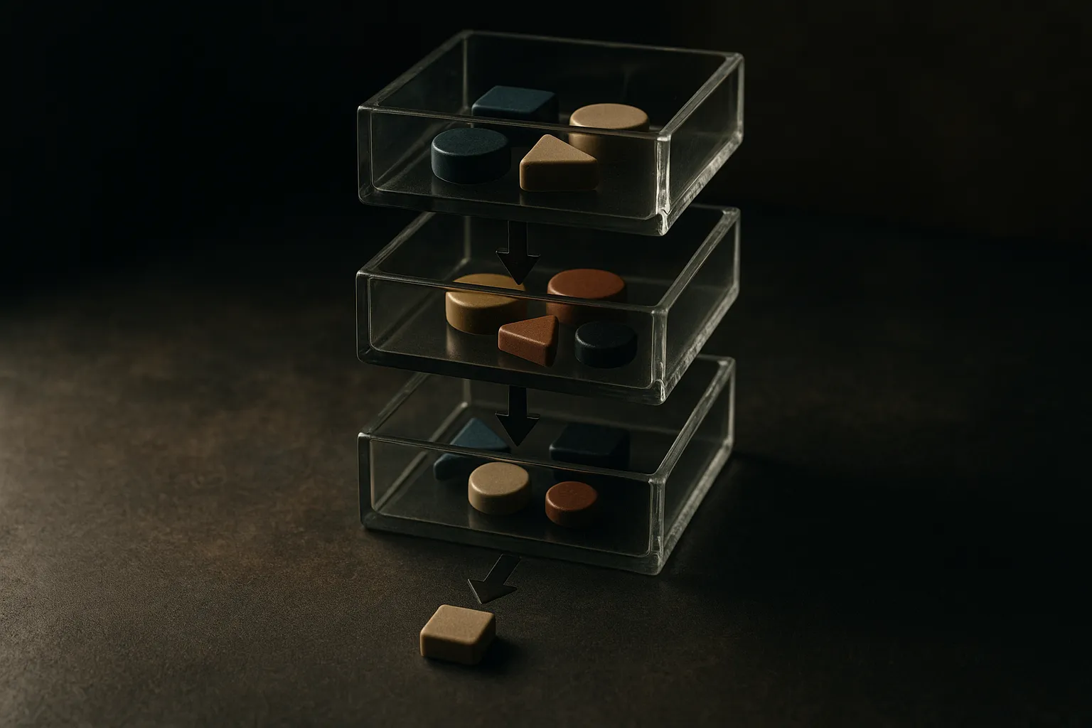 a vertical stack of ordered boxes, each box containing a small cluster of differently-shaped tokens, arrows flowing down
