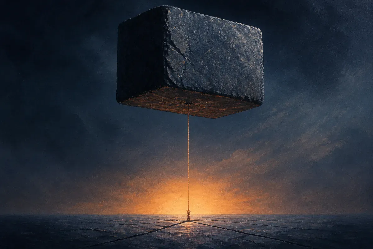a single thin thread trying to hold up a heavy stone block, the thread stretched taut