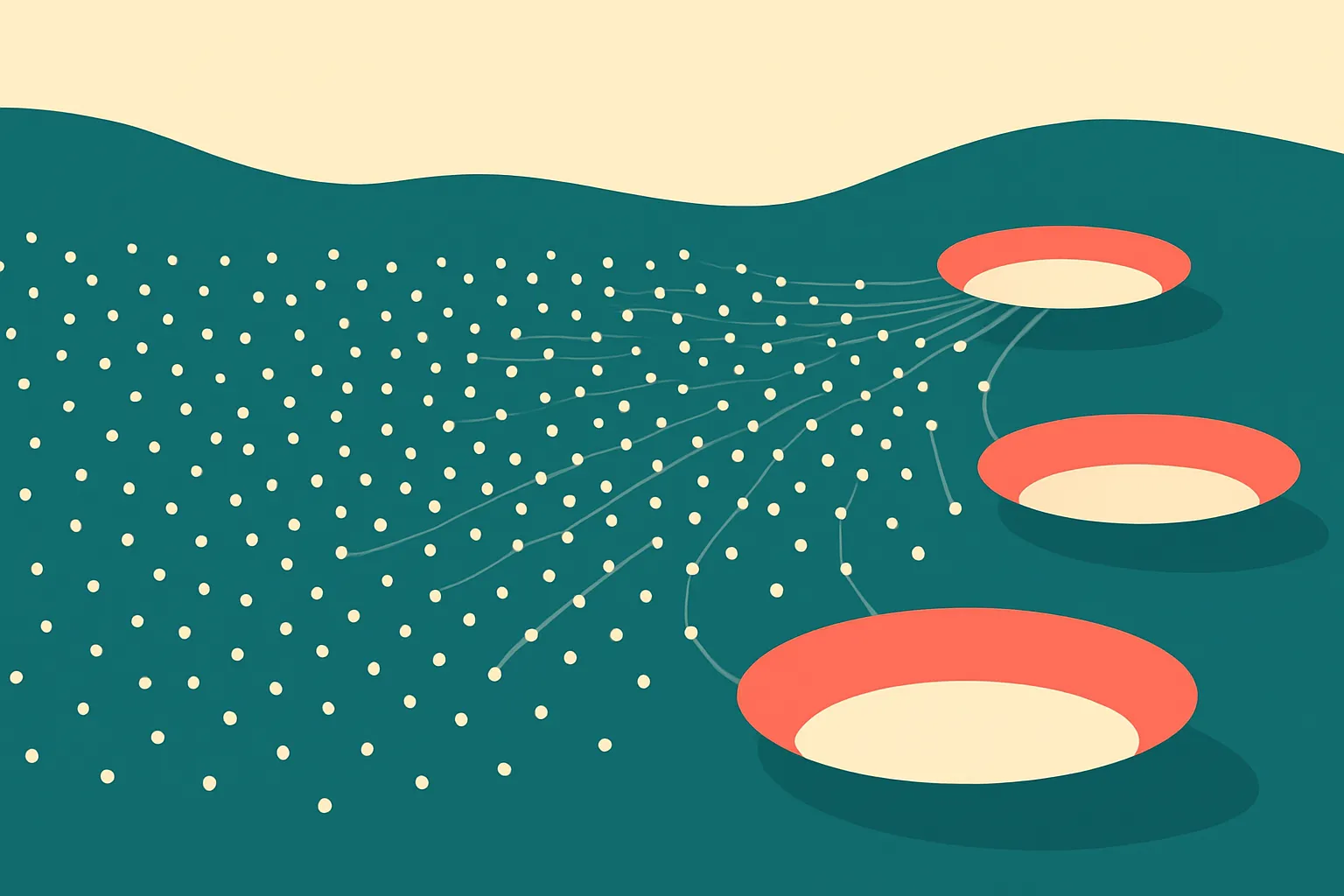 a swarm of small particles spreading across a landscape, with faint shared trails connecting them as some move toward se