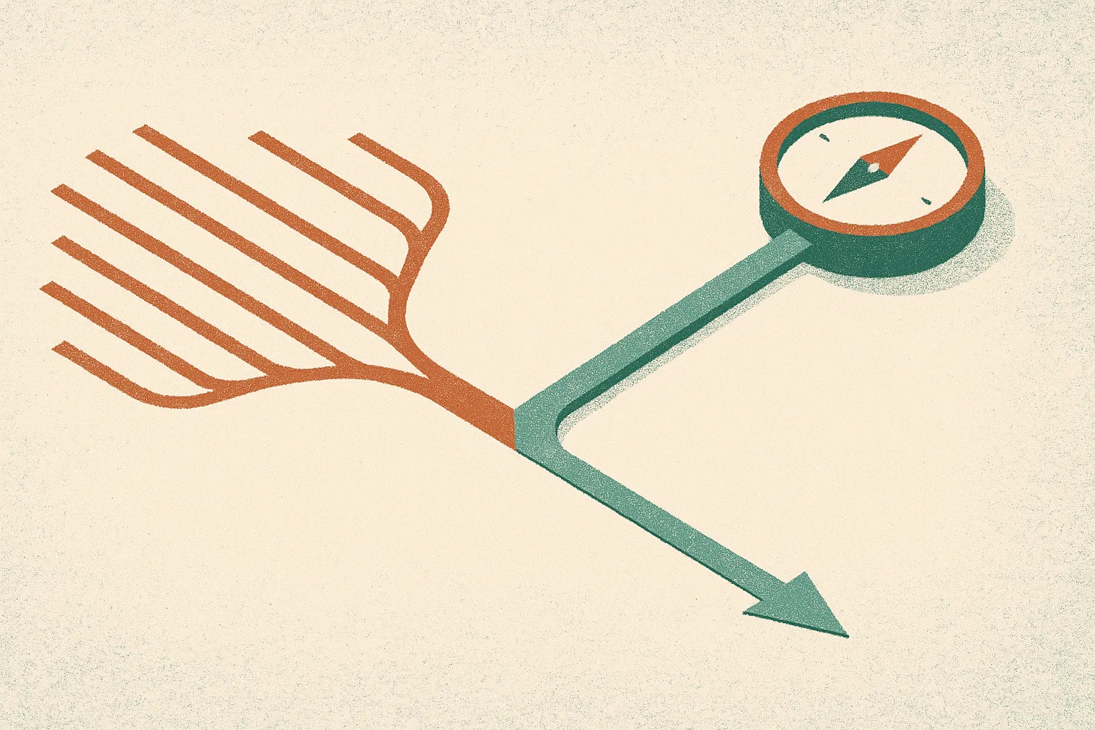 one branch splitting into many parallel paths versus a single branch guided by an internal compass, side by side as a co