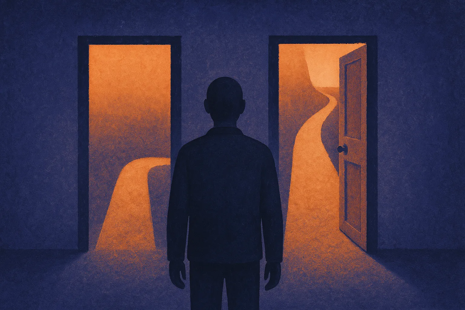 two identical-looking doors, one leading to a short shallow path and one to a long deep path, a figure choosing without