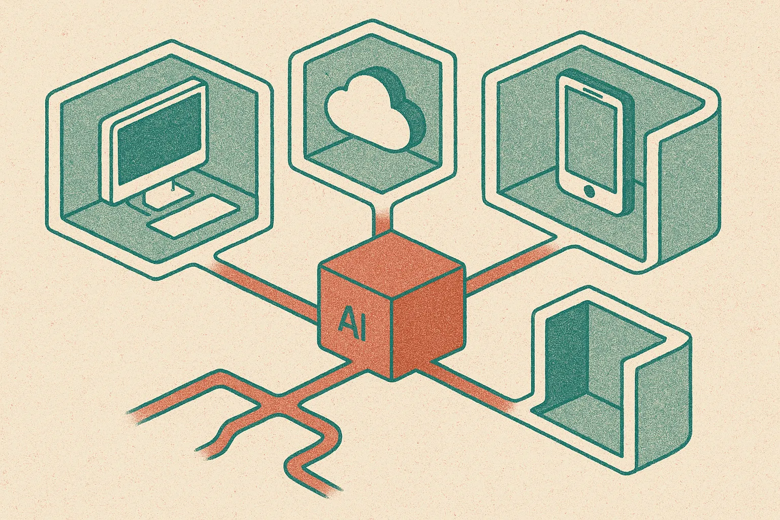 a central model object branching into many different deployment environments, with stronger protective boundaries around