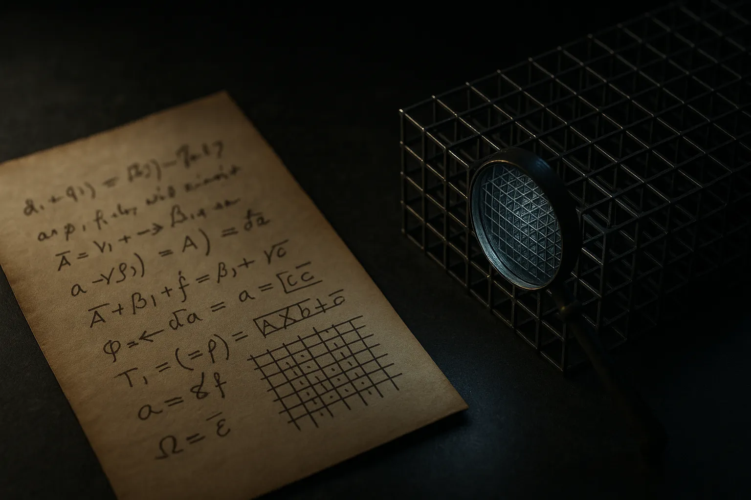 an old handwritten proof transforming into a vast structured mechanical lattice checked by a small glowing verifier