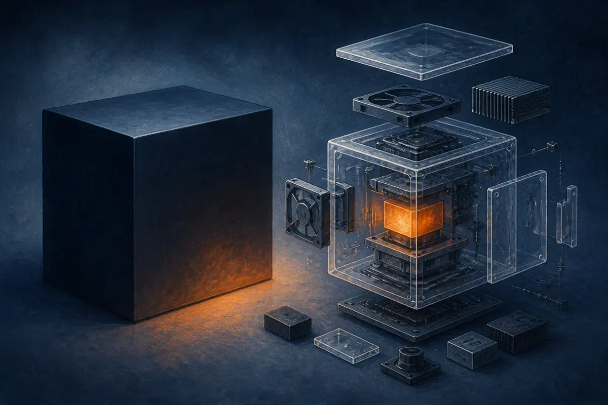 an opaque product box beside a transparent modular machine with visible interchangeable parts