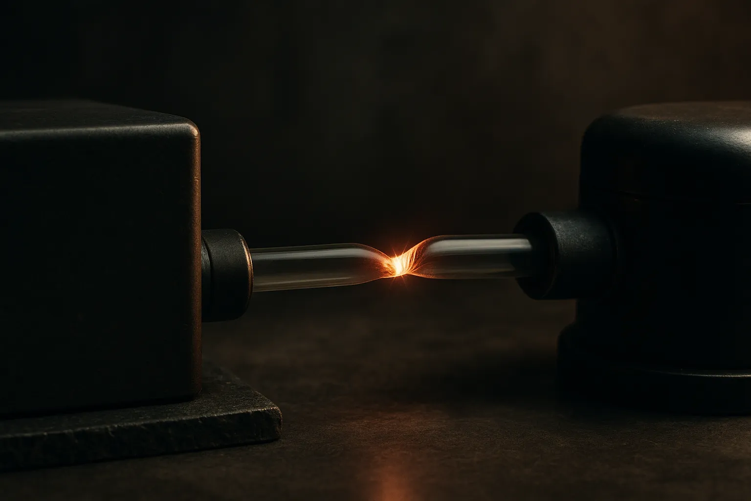 a thin fragile pipe connecting two large sealed machines, with the joint where they meet under strain